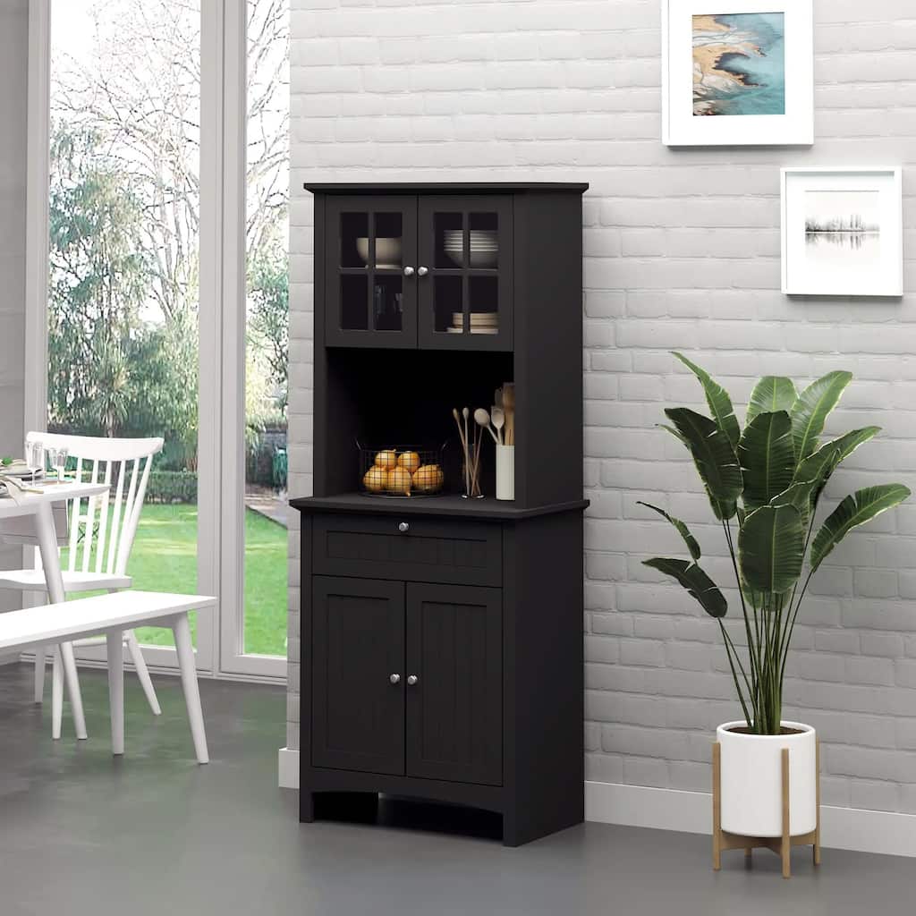 Modern Buffet Hutch, Kitchen Storage Cabinet with Glass Doors, Drawers