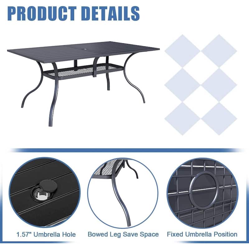 Outdoor Patio 2 Tiers Iron Steel Slatted Rectangle Dining Table Black with Umbrella Hole for 6 Person - 60" x 37"