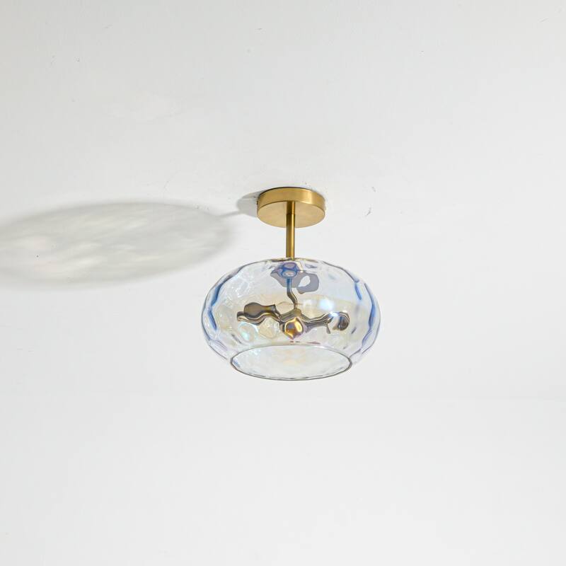 11.8" 2-Light Luxury Gold Semi-Flush Mount Ceiling Light with Hammered Glass Shade for Hallway, Bedroom