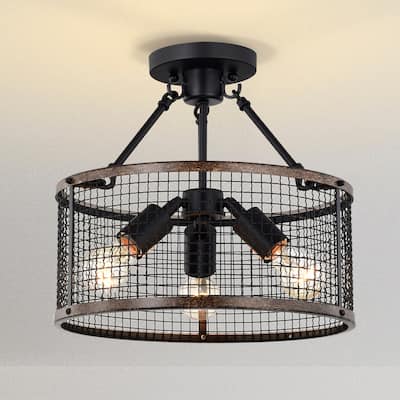 Cerere Semi Flush Mount Ceiling Light Matte Black and Wood Grain Finish 3-Light - N/A