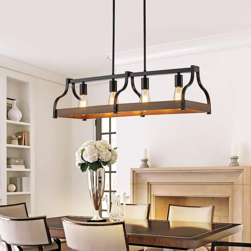 Starsky 4-Light Modern Farmhouse Black Chandelier Wooden Linear Kitchen Island Light