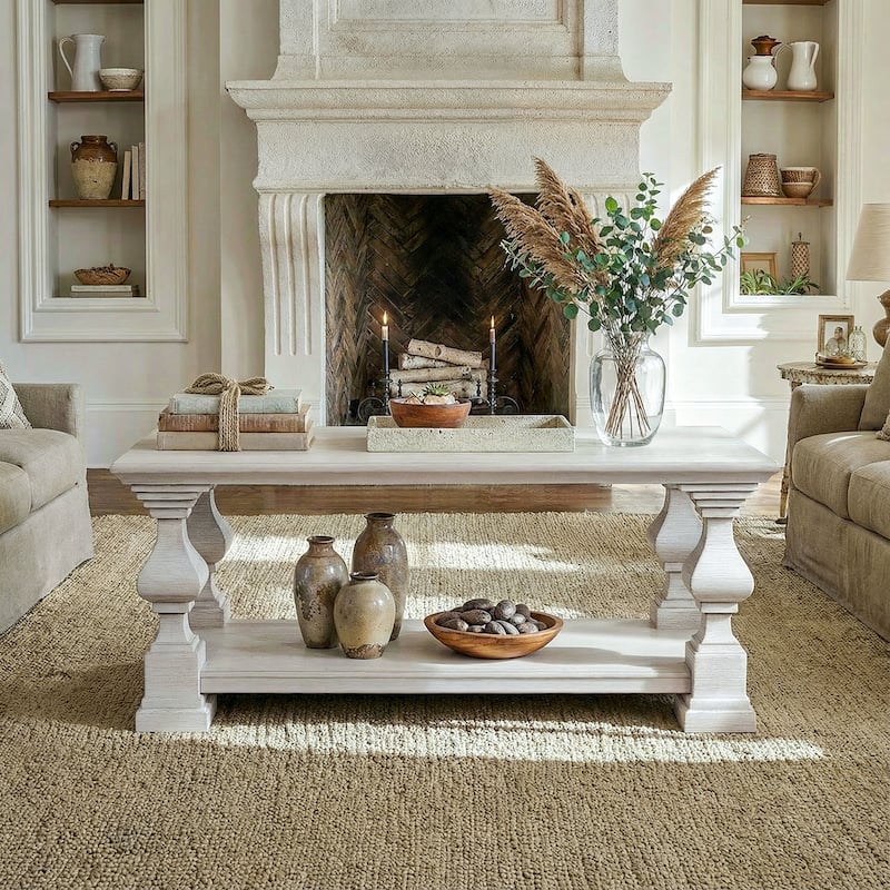 Solid Wood Coffee Table with Storage Shelf, White Washed Rustic Living Room Center Table