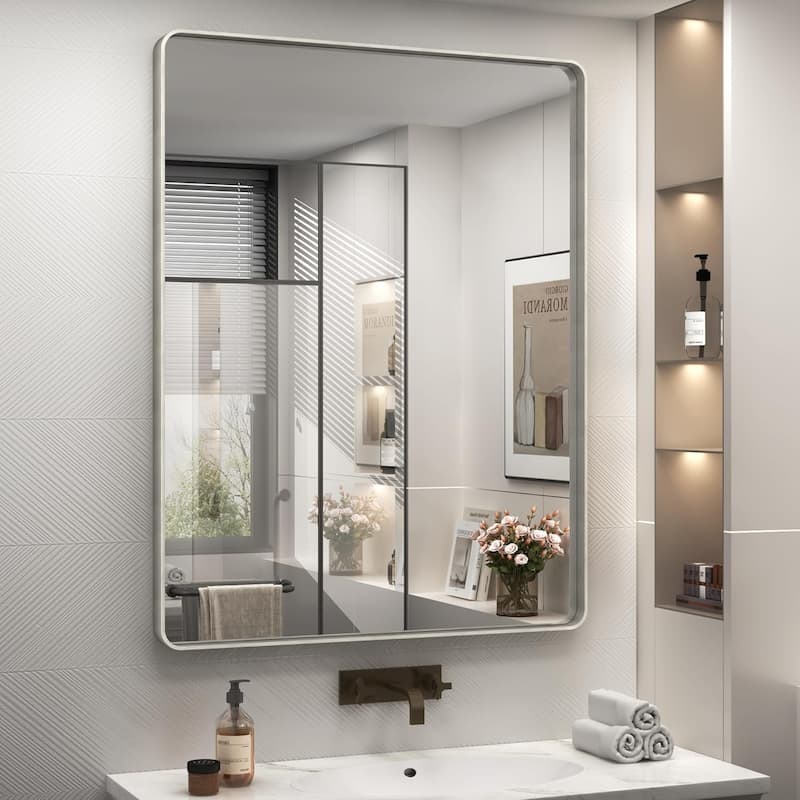 Aluminum alloy Framed Tempered Glass Wall Bathroom Vanity Mirror - 36" x 28" - Silver