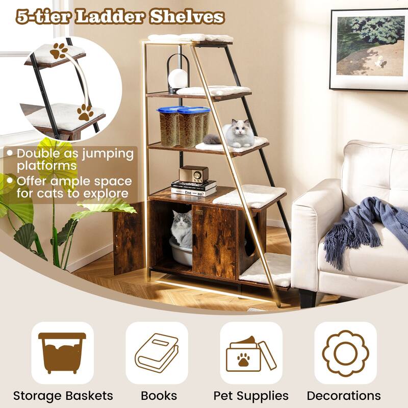 Stylish Large Cat Litter Box Enclosure with Storage and Ladder Shelf for Organization