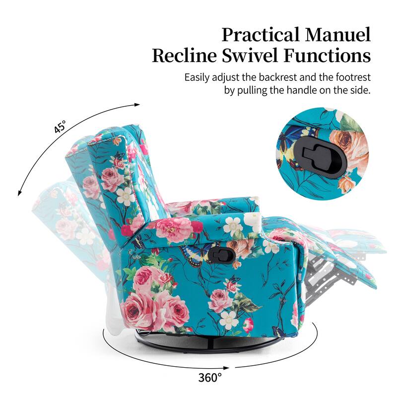 29'' W Pattern Floral Swivel Manual Push Back Recliner Glider Chair