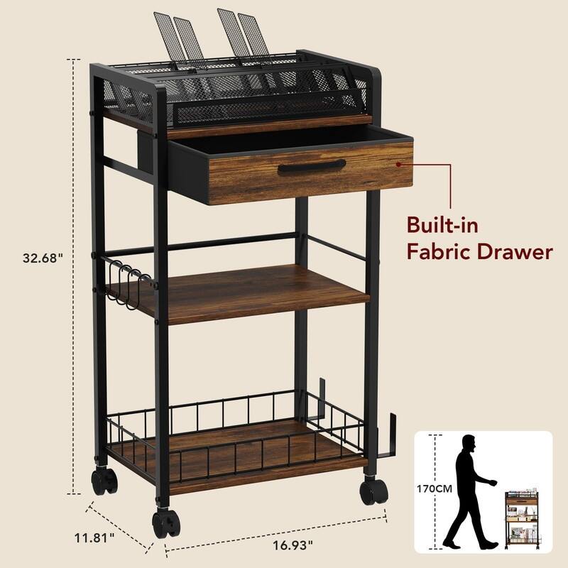 Metal Utility Cart with Storage Drawer and Wheels - 34.7"D x 9.3"W x 16.9"H