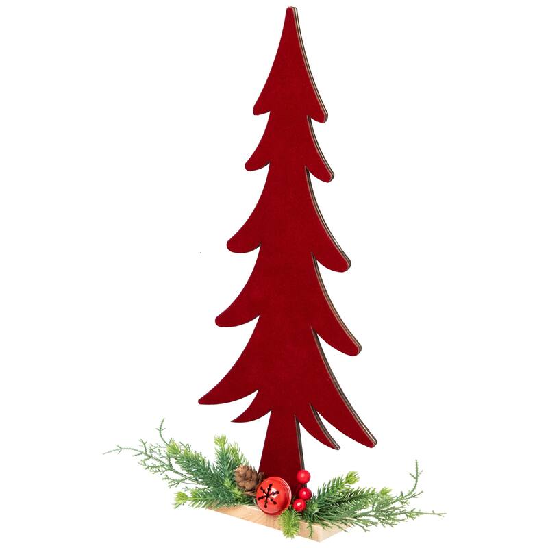 Pine Tree and Jingle Bell Christmas Decoration - 15.5"- Red and Green