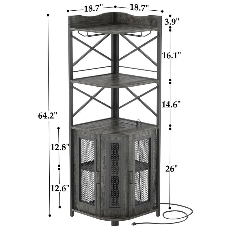 Corner Bar Cabinet with Charging Station and Ambiance Light, Liquor Display Storage Shelves with Glass Holder - Brown