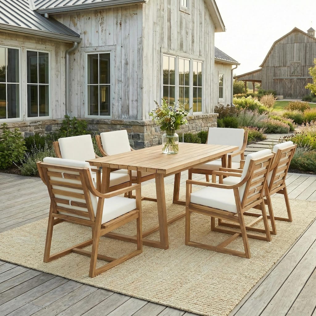 7-Piece Patio Dining Set Modern Acacia Wood Table with Ergonomic Chairs and Waterproof Cushions