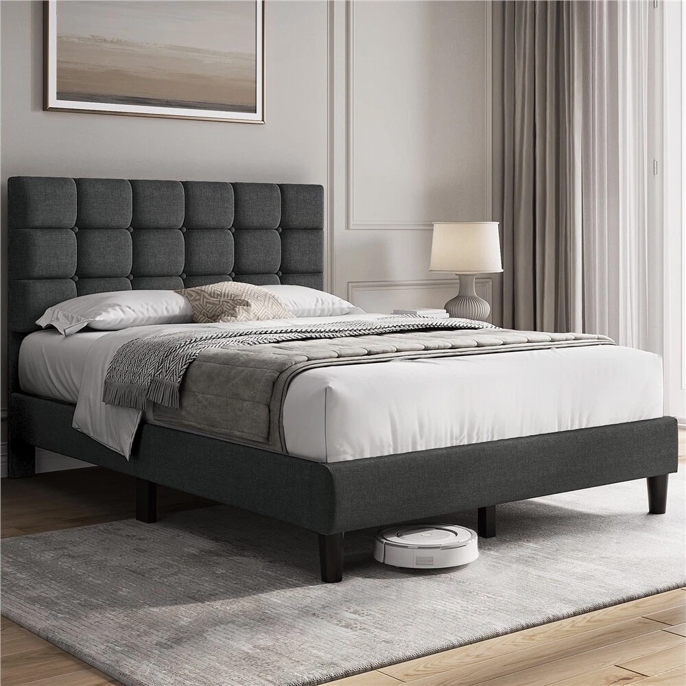 Upholstered Bed Frame Square Tufted Adjustable Queen Full