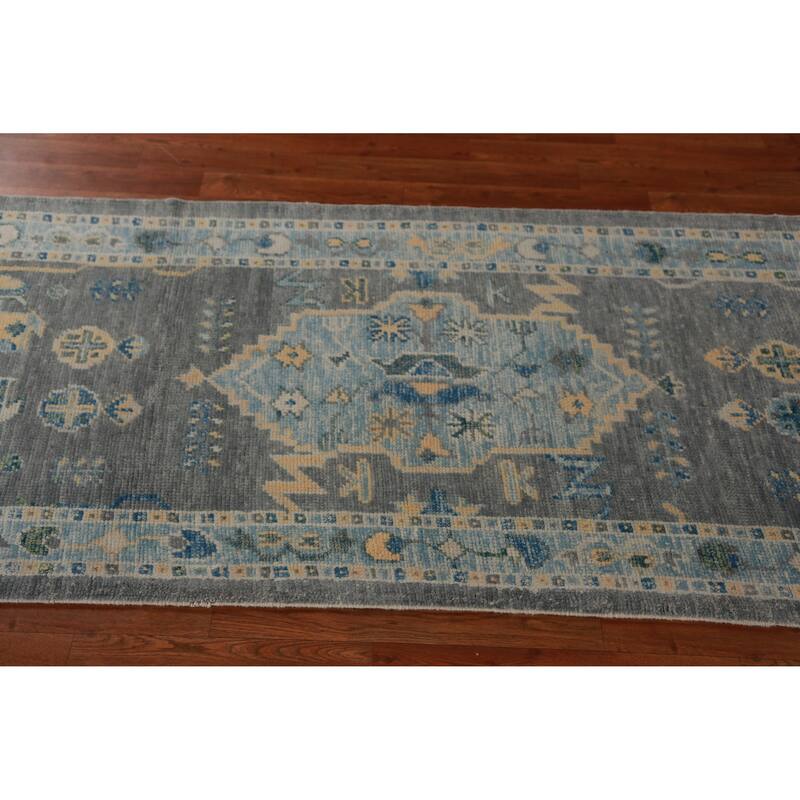 Hand Knotted Oriental 100% Wool Carpet Transitional Geometric Greys & Charcoal Oushak Runner Rug - 15' 0'' X 3' 2''