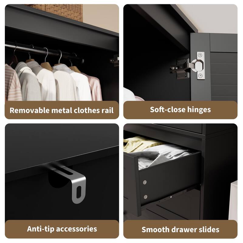 69.5" Wooden Armoire Wardrobe Closet with Louvered Doors, Drawers & Hanging Rod, Natural Finish Storage Cabinet