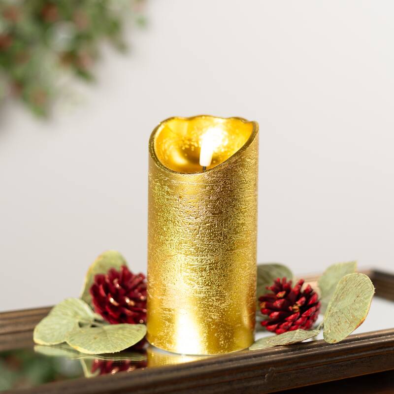 LED Lighted Flameless Flickering Pillar Christmas Candle - 6" - Gold