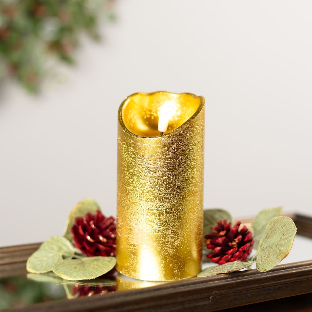 LED Lighted Flameless Flickering Pillar Christmas Candle - 6" - Gold