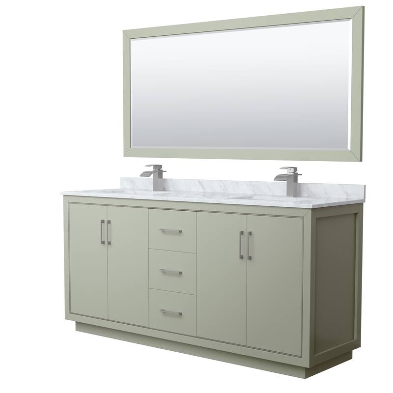 Icon Double Vanity Set, White Carrara Marble Top, 70-Inch Mirror - Light Green, Nickel Trim, White Carrara Marble Top