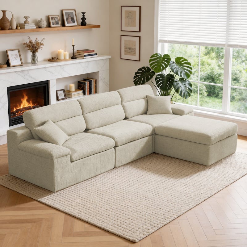 111" L-Shaped Slub Chenille Sofa with High Backrest, No Assembly Required - Greenish Grey