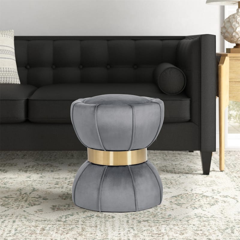 Adeco Modern Velvet Round Ottoman With Gold Metal Band