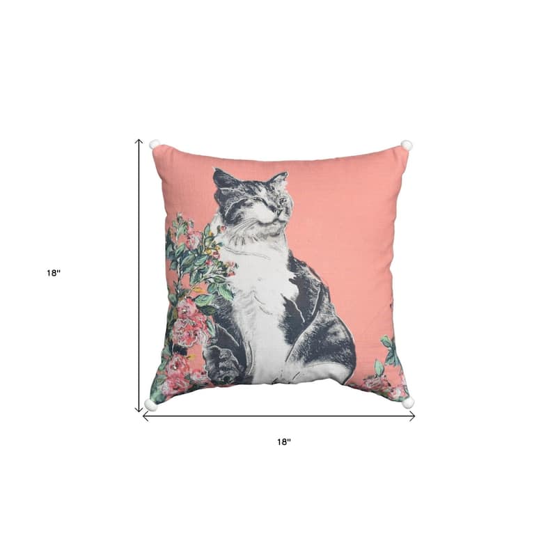 18" X 18" Pink Cat Zippered Handmade Cotton Blend Throw Pillow With Pom Poms