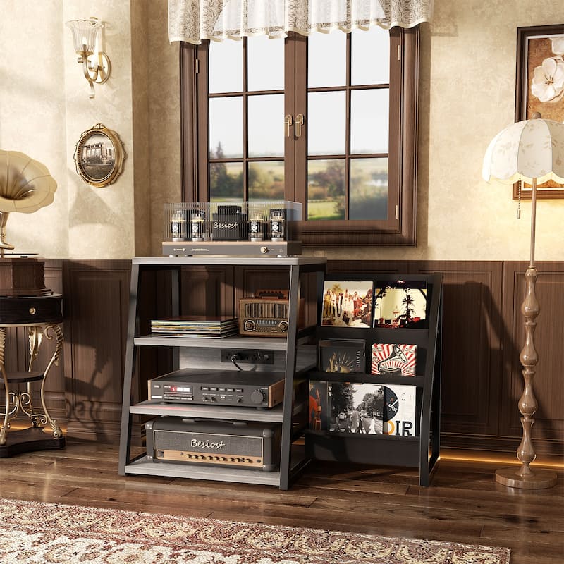 4-Tier Record Player Stand with Vinyl Record Storage ＆ LED Light ＆ Charging Station, Record Player Table, Media Console