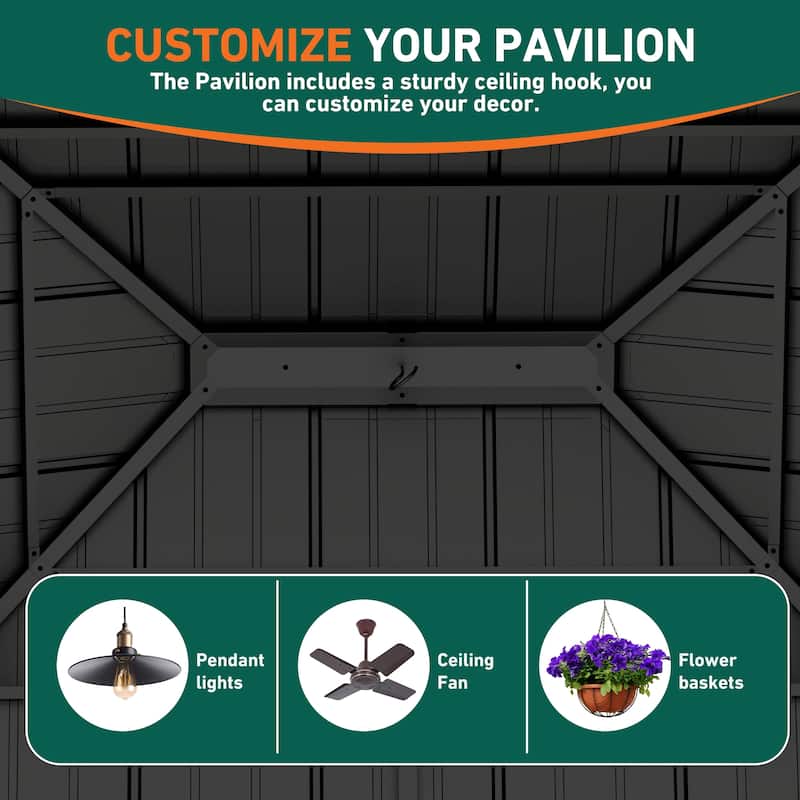 Wood Gazebo 10' x 12', Grill Gazebo with Galvanized Steel Roof, Permanent with Sturdy Hooks for Garden, Backyard