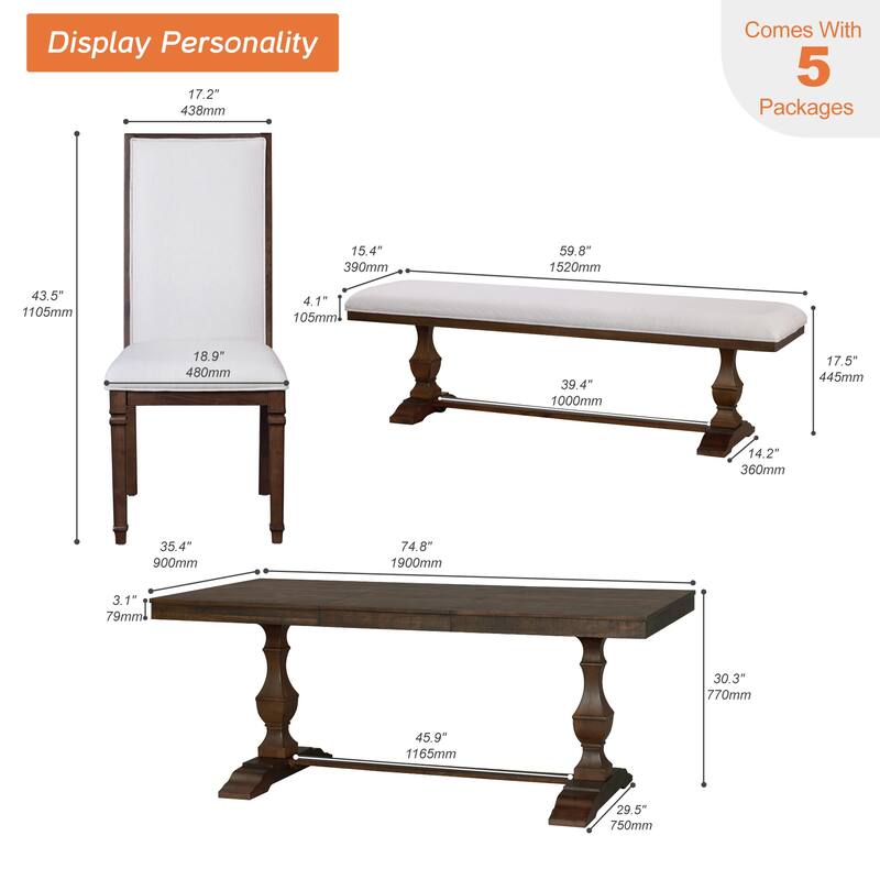 5-pieces Farmhouse Dining Table for 6, 74.8" Kitchen Table Set with 2 Benches and 2 Chairs, Solid Wood Legs and Cushion Seat