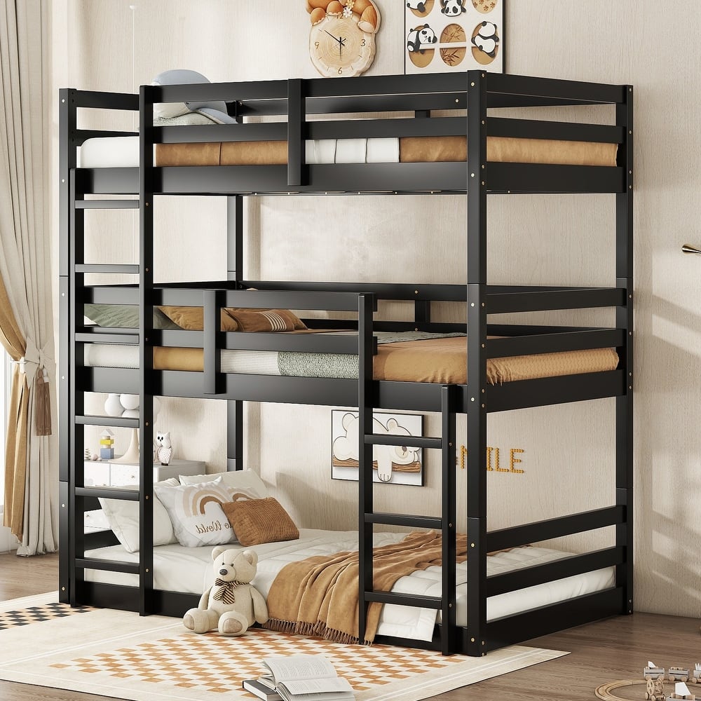 Triple Bunk Bed with Ladders, Guardrails, Detachable Bed Frame, Convertible 3 Beds, Twin Over Twin Over Twin for Multi Children