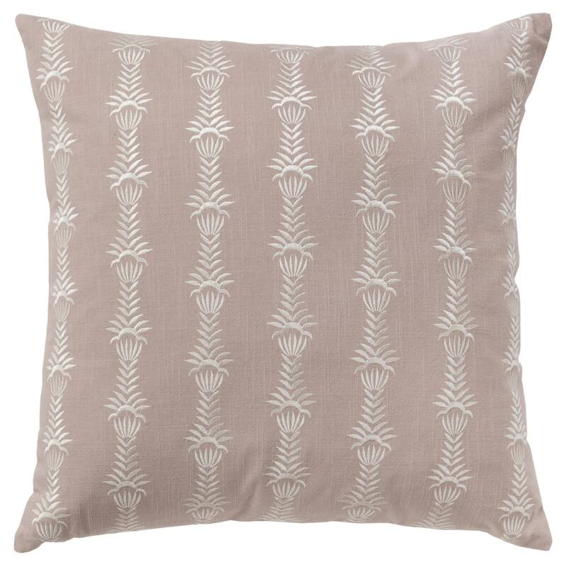 HomeRoots 20" Pink and White Botanical Stripe Cotton Throw Pillow With Embroidery - Accent - Polyester