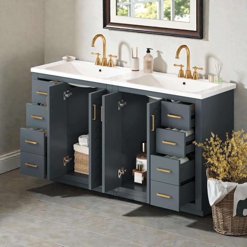 60" Modern Bathroom Vanity with Separate Ceramic Sink, Solid Wood and MDF Storage Cabinet, Soft Closing Doors