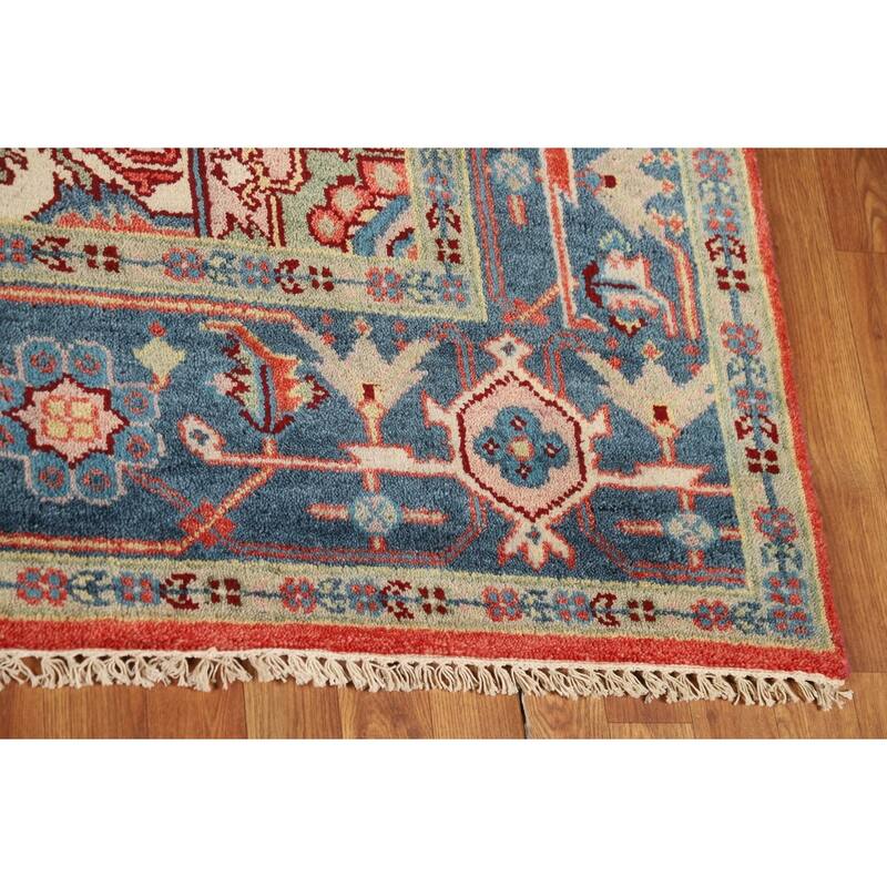 Geometric Heriz Serapi Indian Rug Hand-Knotted Orange Wool Carpet - 7'10"x 9'9"