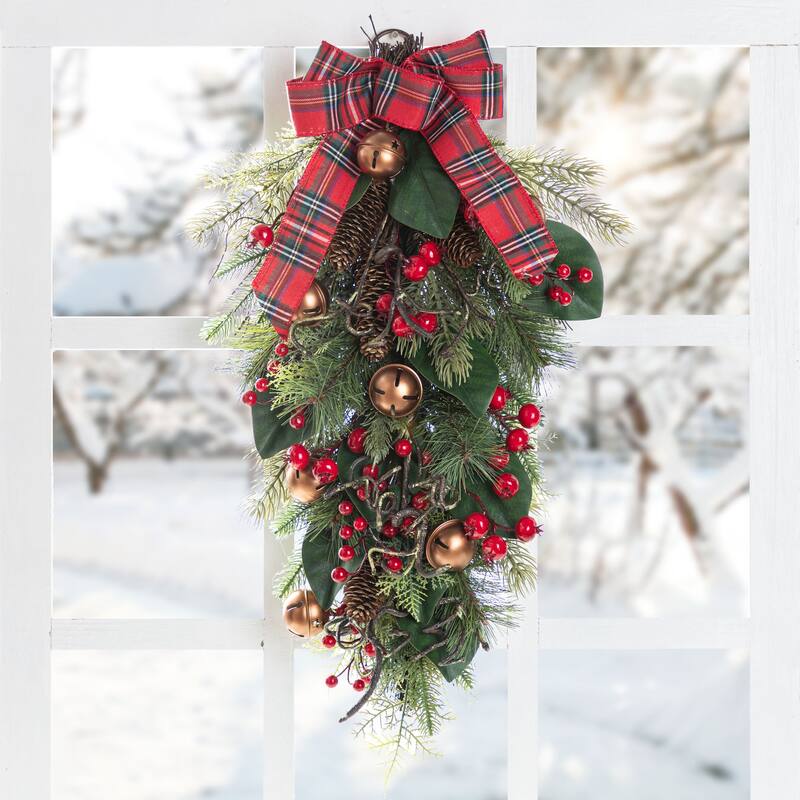Glitzhome Christmas Bell Pinecone & Berry Bow Wreath Teardrop Garland Wall Decor