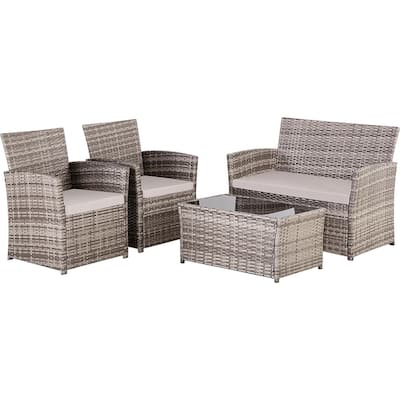 4 Piece Outdoor PE Wicker Furniture Set, Patio Gray Rattan Sectional Sofa Couch with Washable Cushions