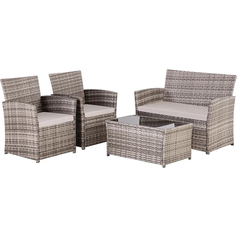 4 Piece Outdoor PE Wicker Furniture Set, Patio Gray Rattan Sectional Sofa Couch with Washable Cushions