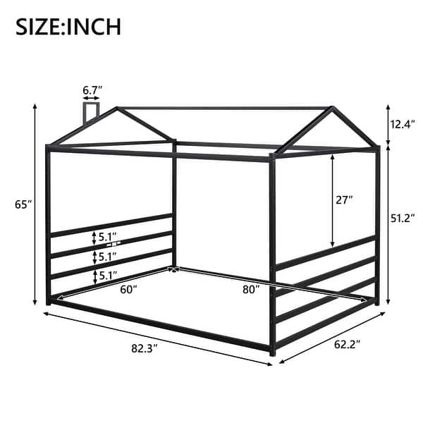 dimension image slide 1 of 2, Metal House Shape Platform Bed, Black, Queen - Stylish, Sturdy & Safe Design