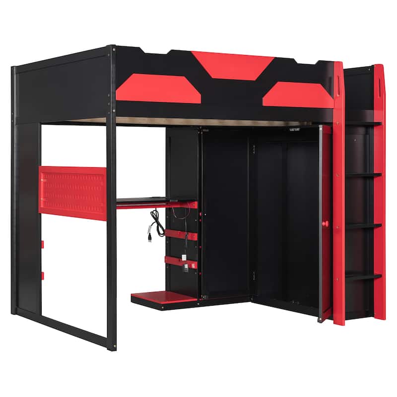 All-in-one Esports Gaming & Work Loft Bed with Adjustable Desk, LED, Charging Station, Pegboard, Storage Shelves and Wardrobe