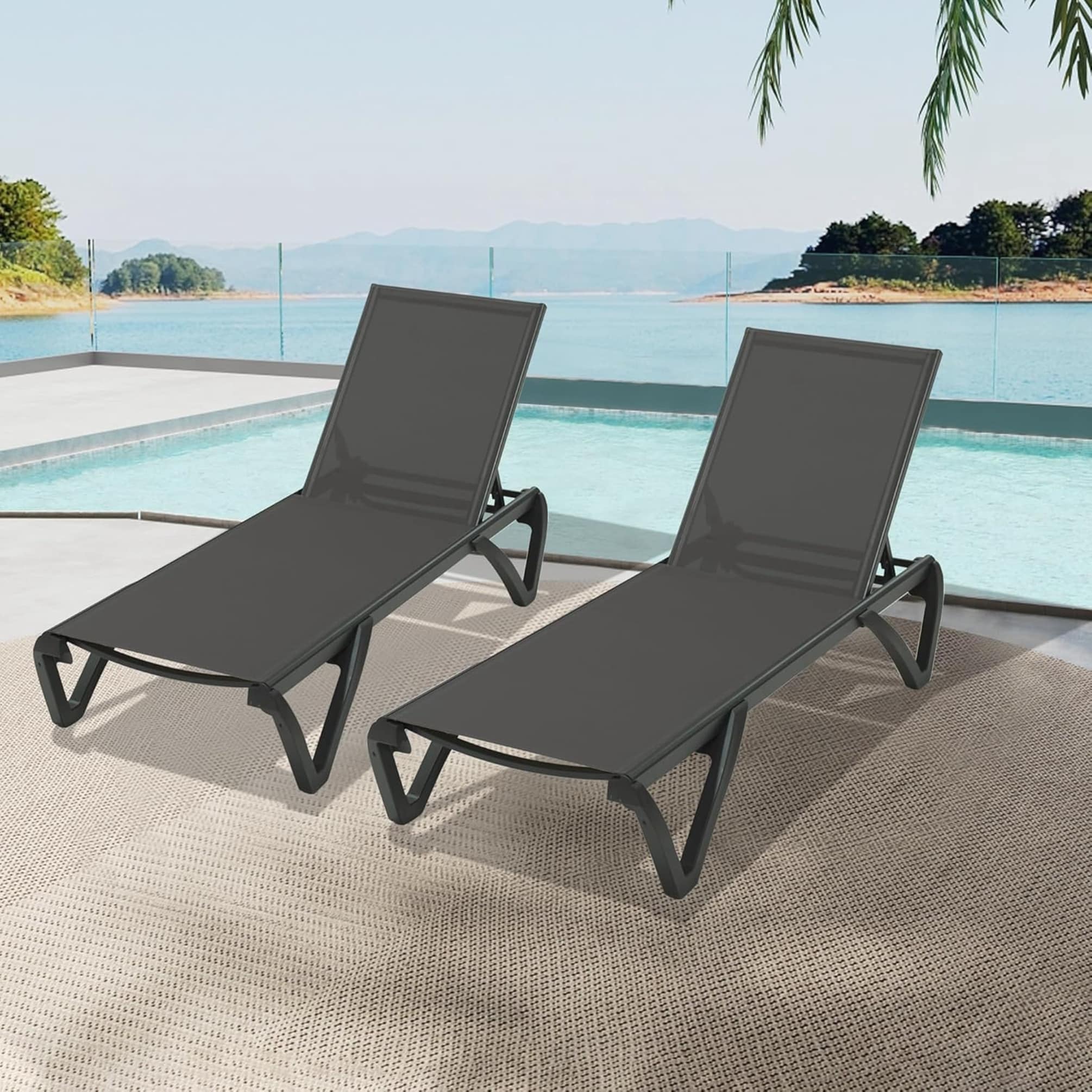 Outdoor Lounge Chair, 2 Pieces Aluminum Plastic Patio Chaise Lounge with 5 Position Adjustable Backrest and Wheels