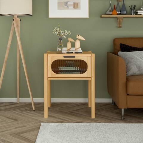 Contemporary Nightstand with Hazy Moru Glass Drawer, Natural Accent Bedside Table, Retro Wooden End Table