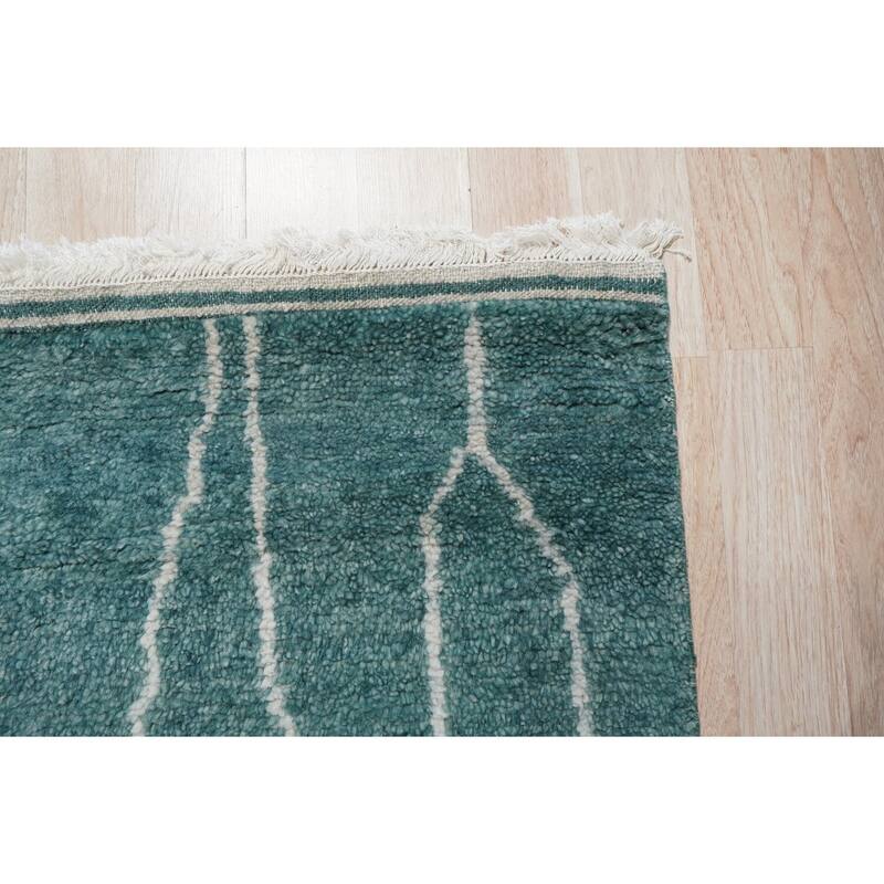 Green Hand Knotted Wool Modern Flat Weave Rug, 4' x 12', soft cozy area rug - L