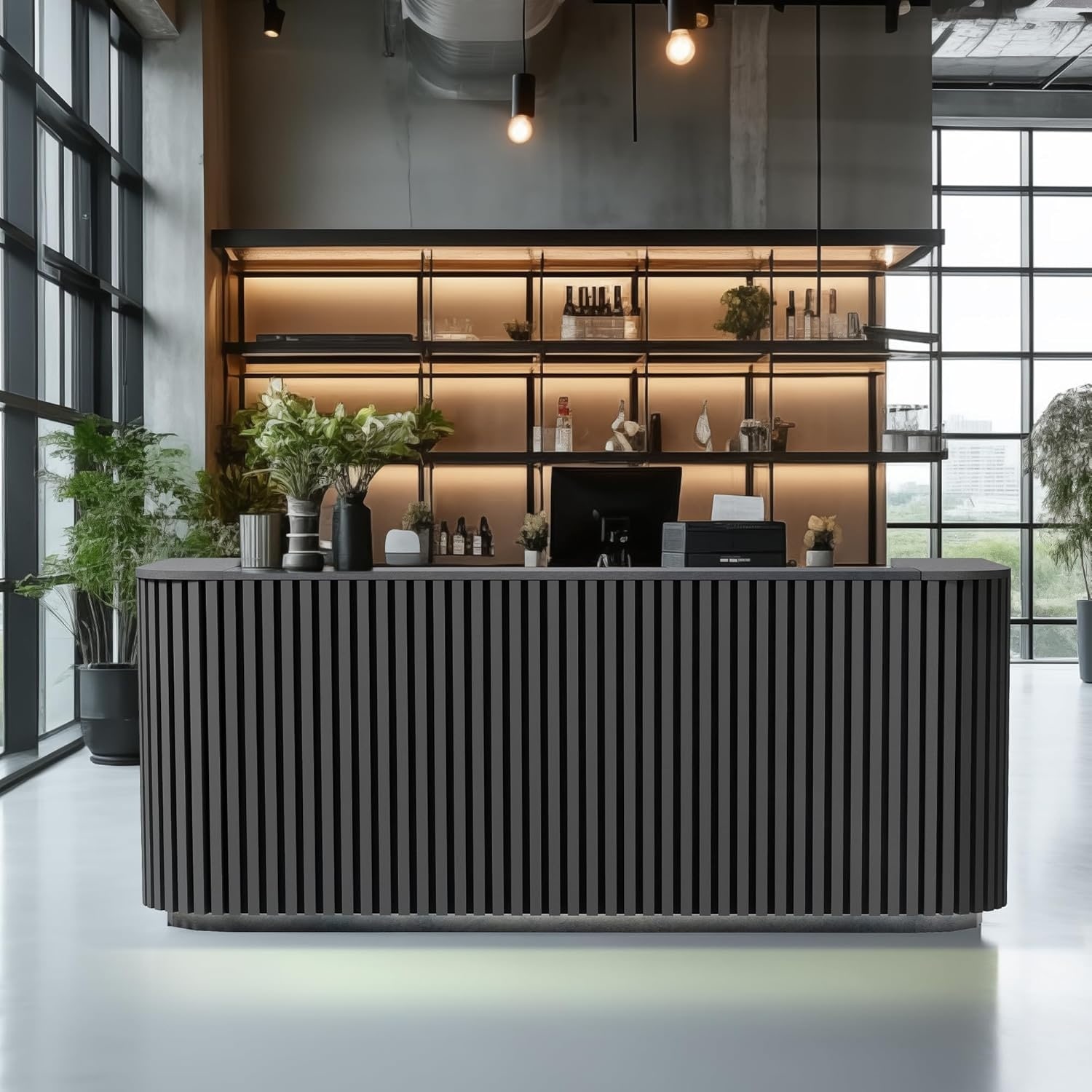 70.87in Mid Century Curved Reception Desk with Outlet Cable Management LED Light