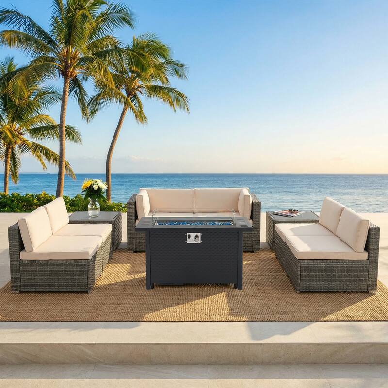 Outdoor Wicker Sectional Sofa 8-Piece Set with Fire Pit Table