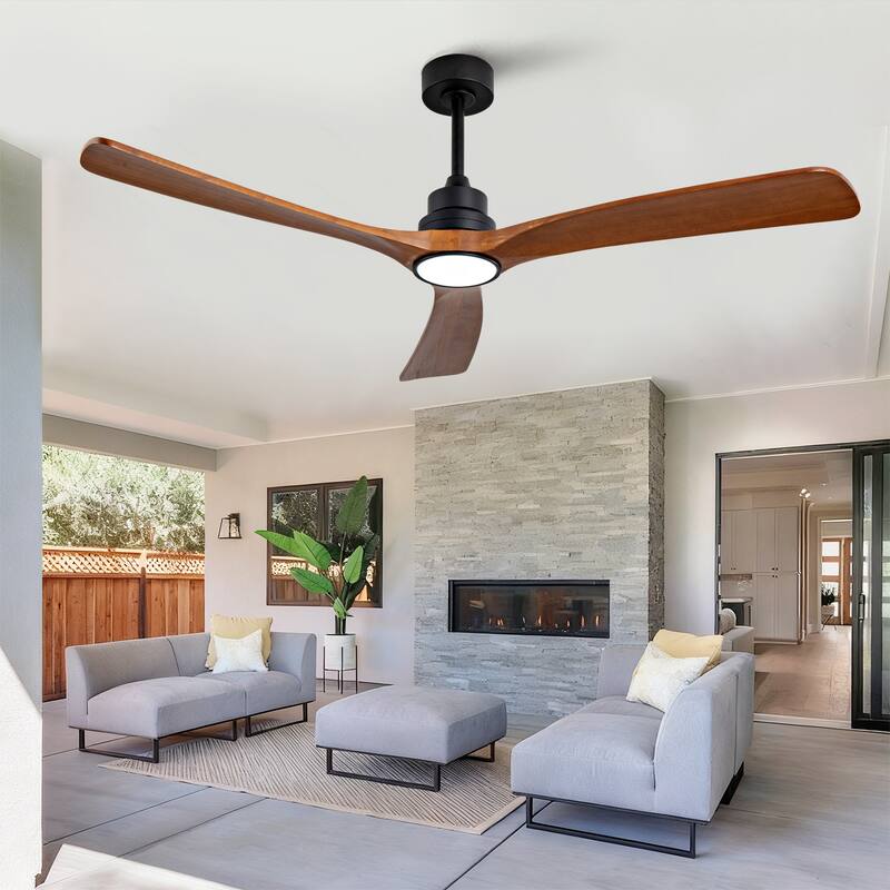 60 Inch Wood Ceiling Fan With 3 Solid Wood Blades Remote Control Reversible DC Motor For Living Room - Black