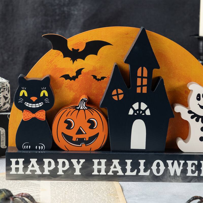 Glitzhome Set of 5 Wooden HAPPY HALLOWEEN Decorative Moon Table Signs with Black Cat, Jack O Lantern, Ghost and Haunted House