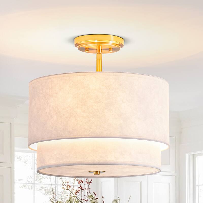 3-Light Double Layer Ceiling Light with Tyvek paper Lampshade - Modern Gold and White Fixture for Living Room