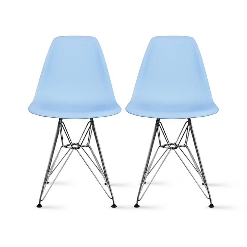 Set of 2 Modern Colorful DSW-Style Armless Dining Chairs – UV‑Resistant Molded Plastic Shells on Chrome Eiffel Legs for Kitchen - Blue