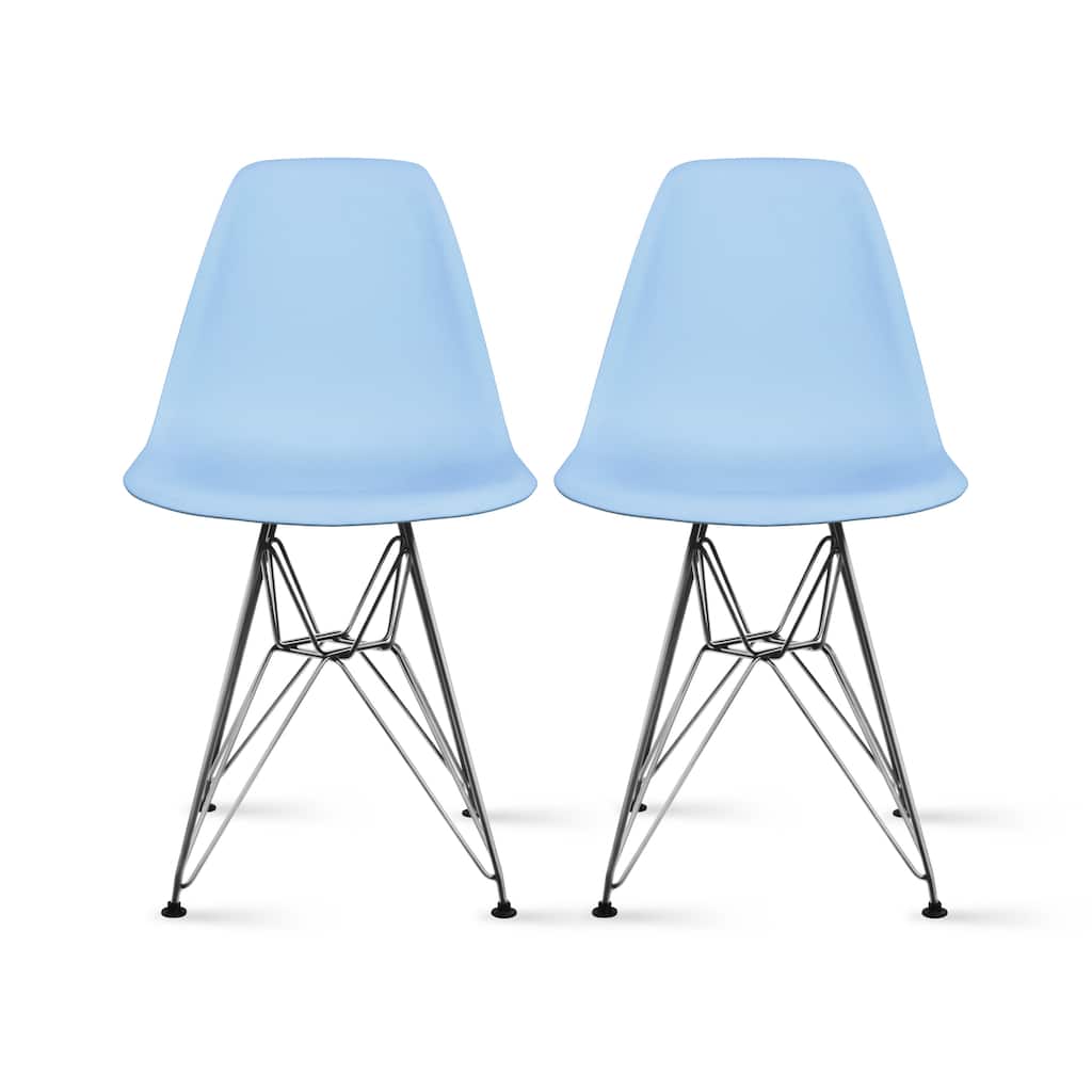 Set of 2 White Molded Plastic Dining Chairs Mid-Century Modern Armless Side Chairs with Chrome Eiffel Legs for Kitchen or Office