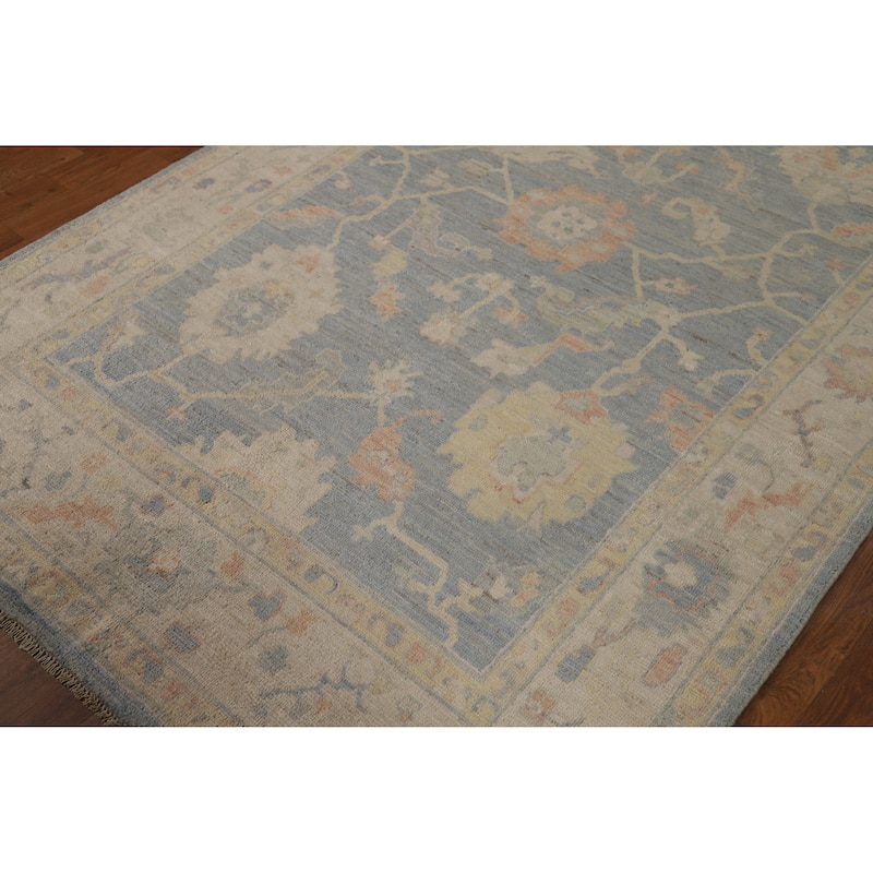 Vegetable Dye Floral Oushak Turkish Area Rug Handmade Blue Wool Carpet - 5'1"x 8'4"