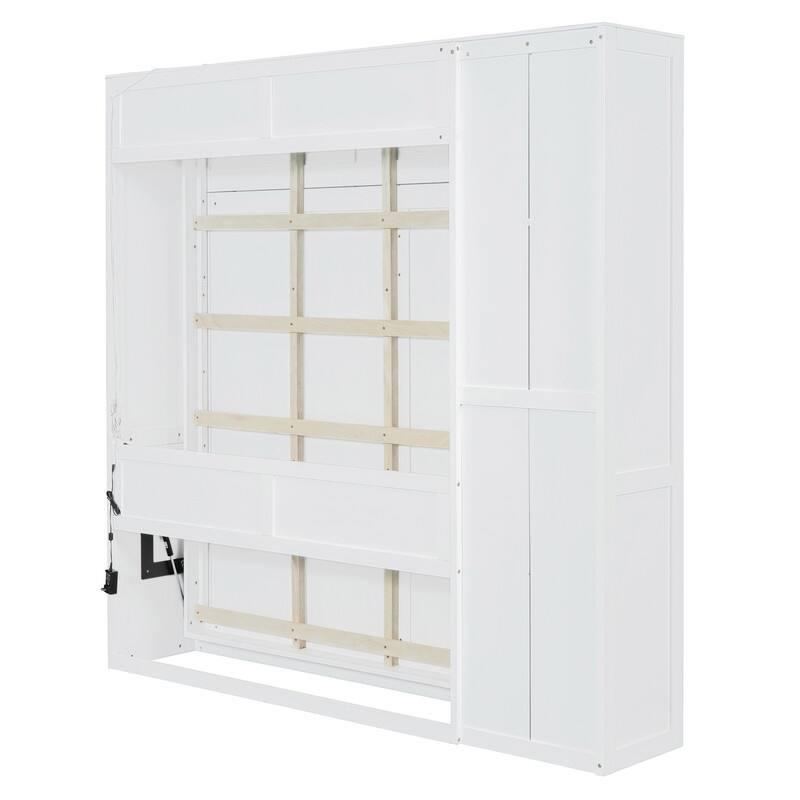 Full/Queen Size Murphy Bed Wall Bed with LED Lights and Storage Cabinet, Foldable Murphy Cabinet Bed with Open Storage Shelves