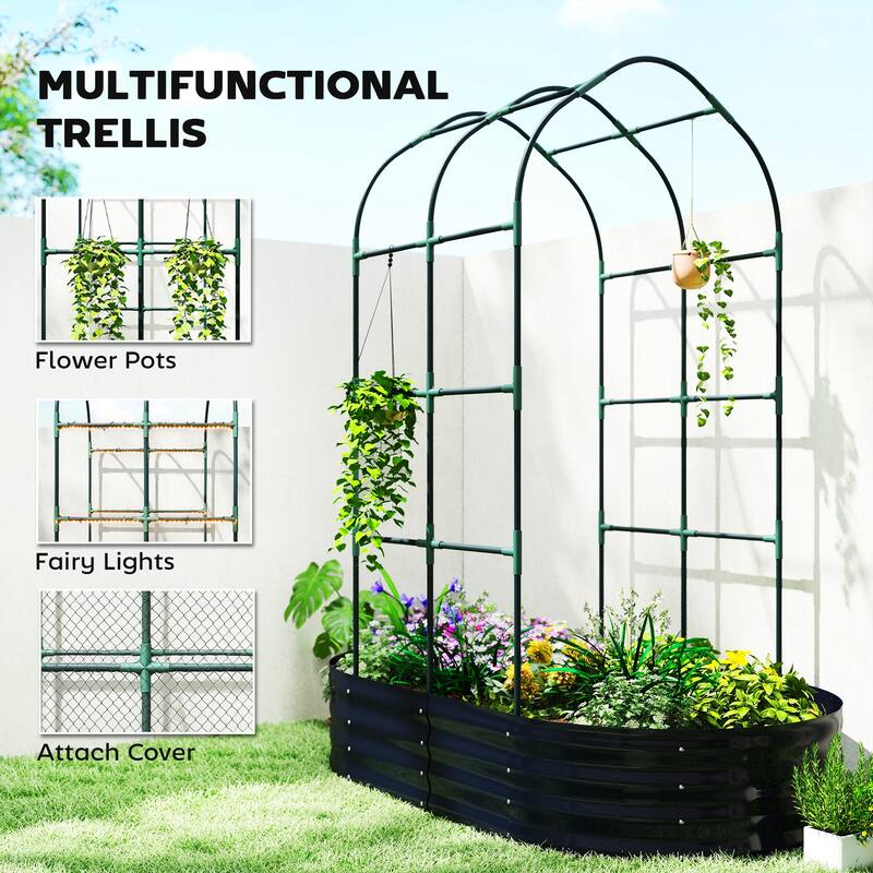 Outsunny Galvanised Raised Garden Bed with Arched Trellis, 5 x 3 x 6ft Metal Outdoor Planter Box ,Dark Gray