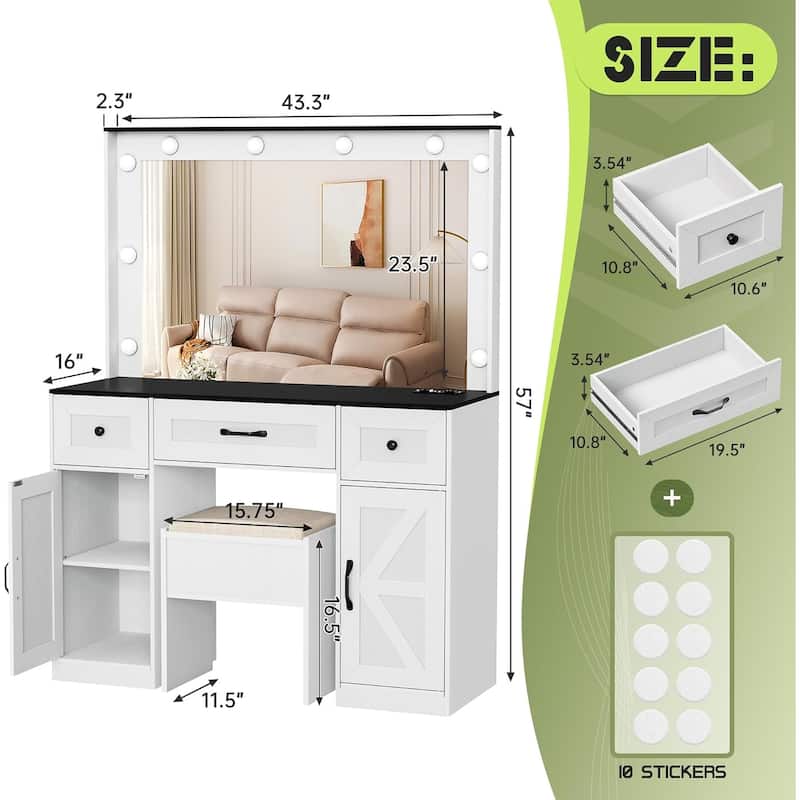 43.3'' Wide Makeup Vanity Dressing With Lighted Mirror and Stool