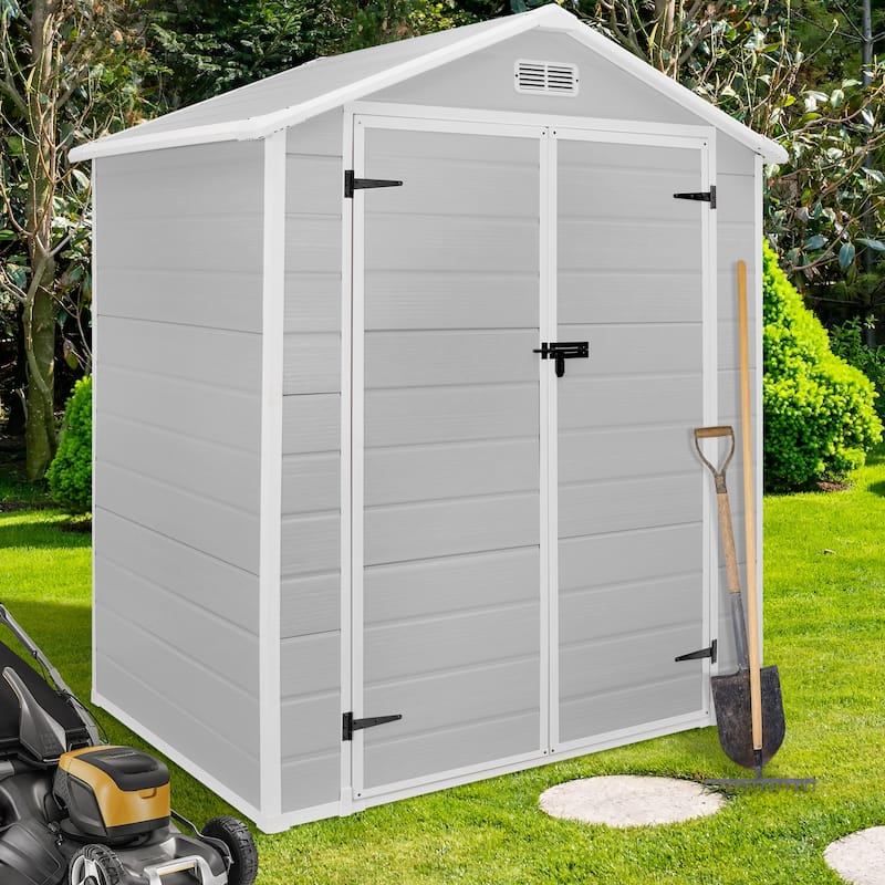 6 ft x 4 ft/6 ft x 8 ft/8 ft x 6 ft/8 ft x 10 ft All-Weather Resin Outdoor Plastic Storage Shed w/Floor, Spire Tool Shed - Grey - 6 x 4