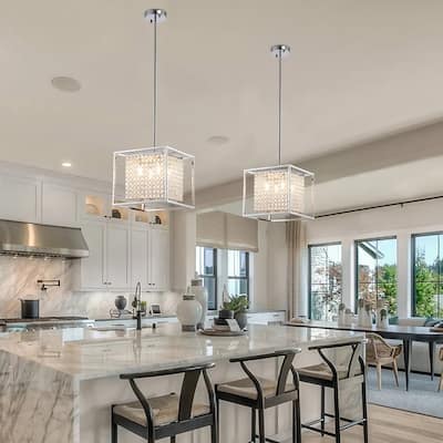 4 - Light Luxury Square Metal Pendant with Crystal Accents Cube Lighting - chrome